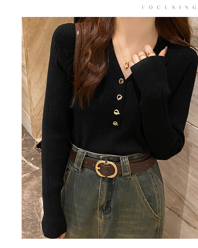Black Full Sleeve V Neck Buttoned Fitted Top