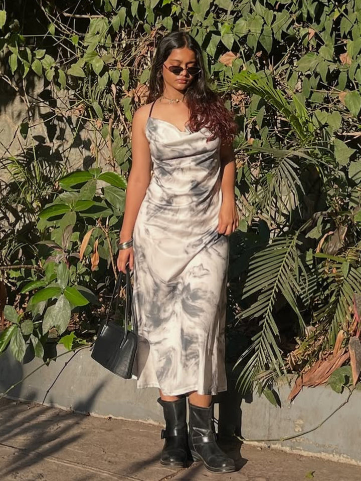 Off White Marble Print Cowl Dress