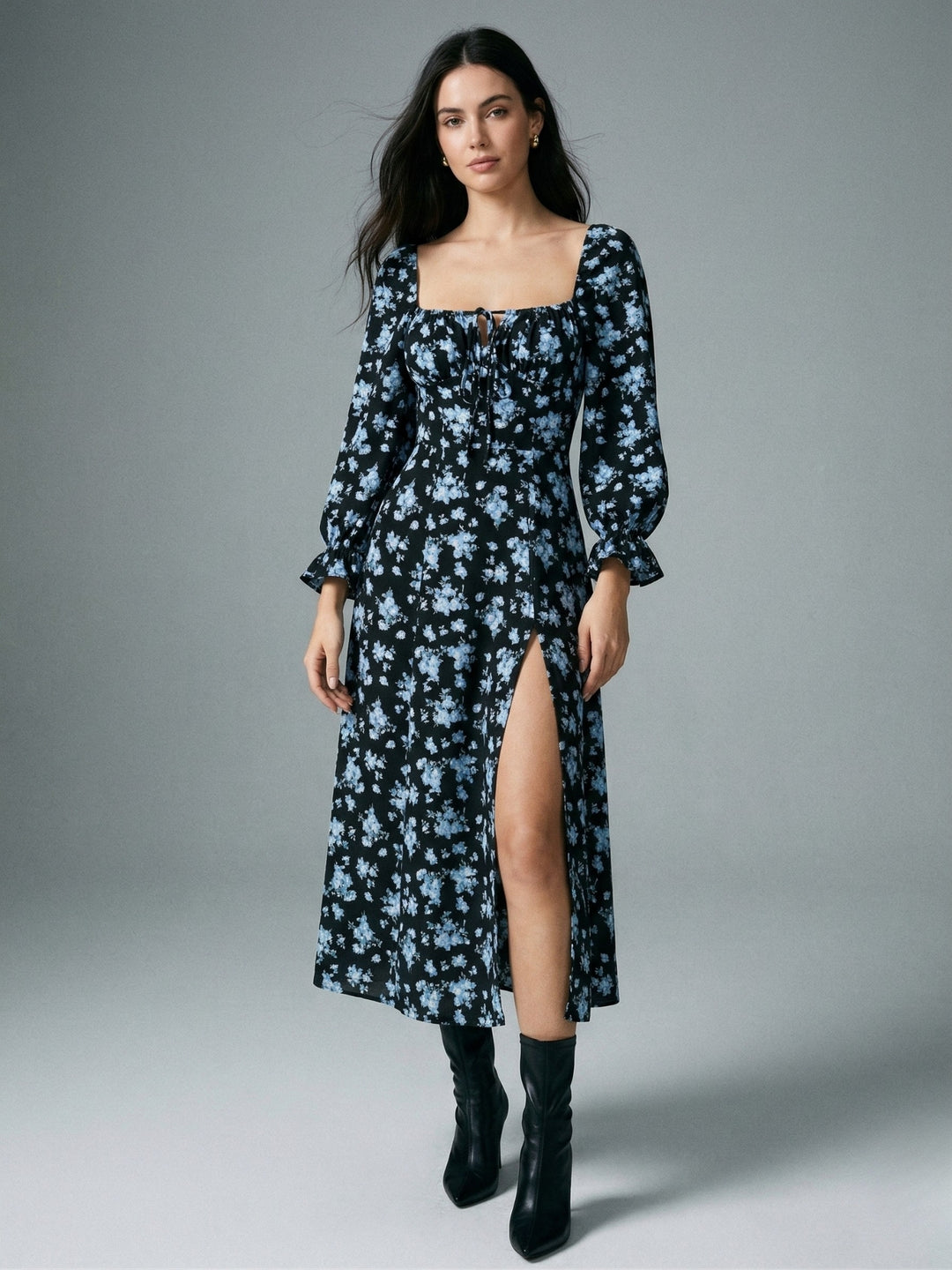 Blue Bishop Sleeve Slit Printed Dress