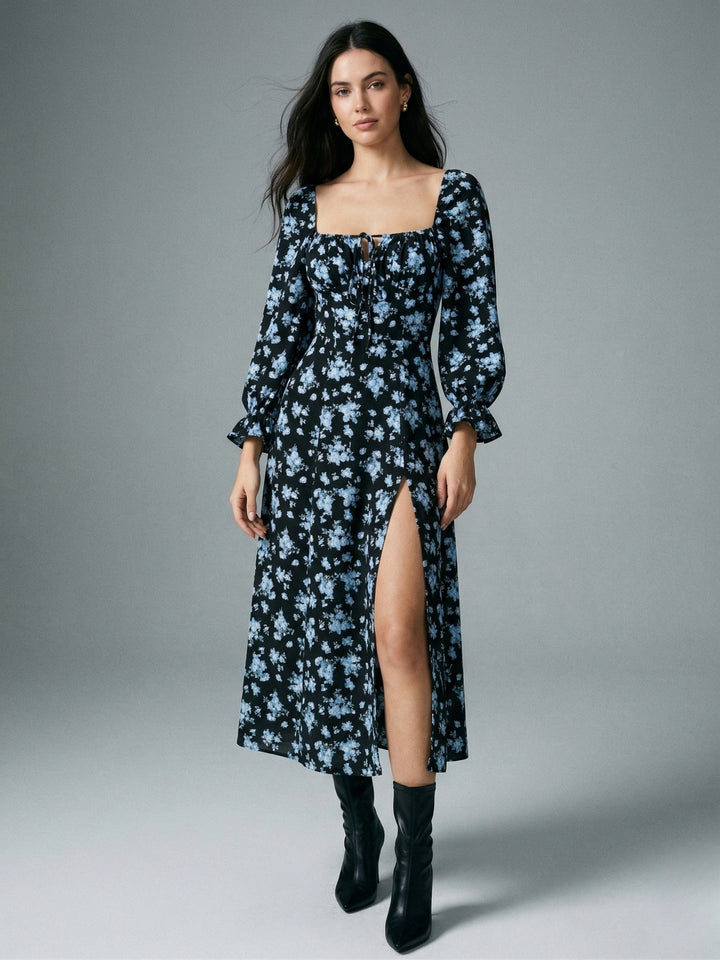 Blue Bishop Sleeve Slit Printed Dress