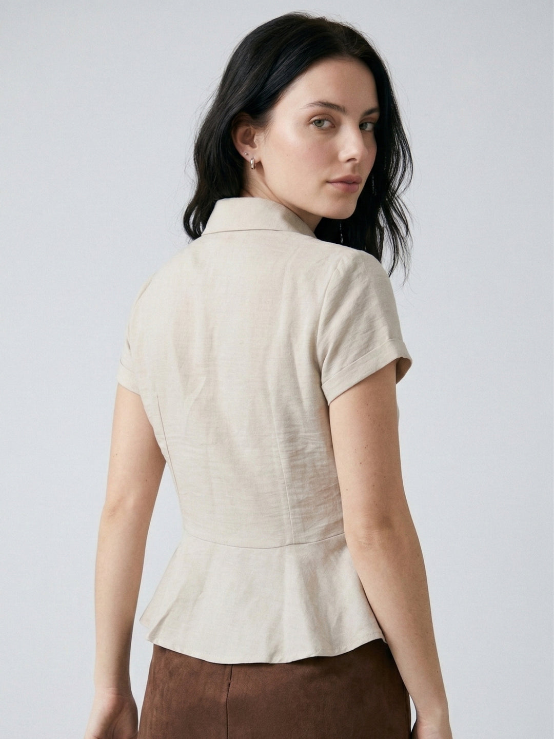 Grey Short Sleeve Front Buttoned Collared Top