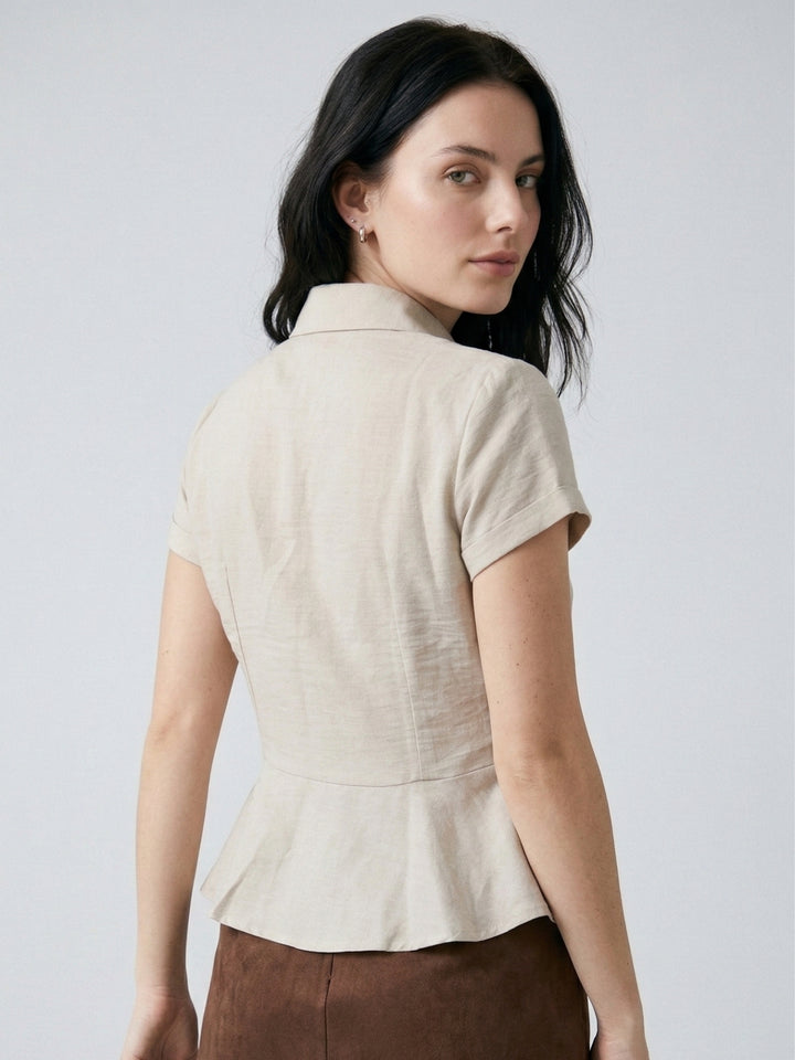 Grey Short Sleeve Front Buttoned Collared Top