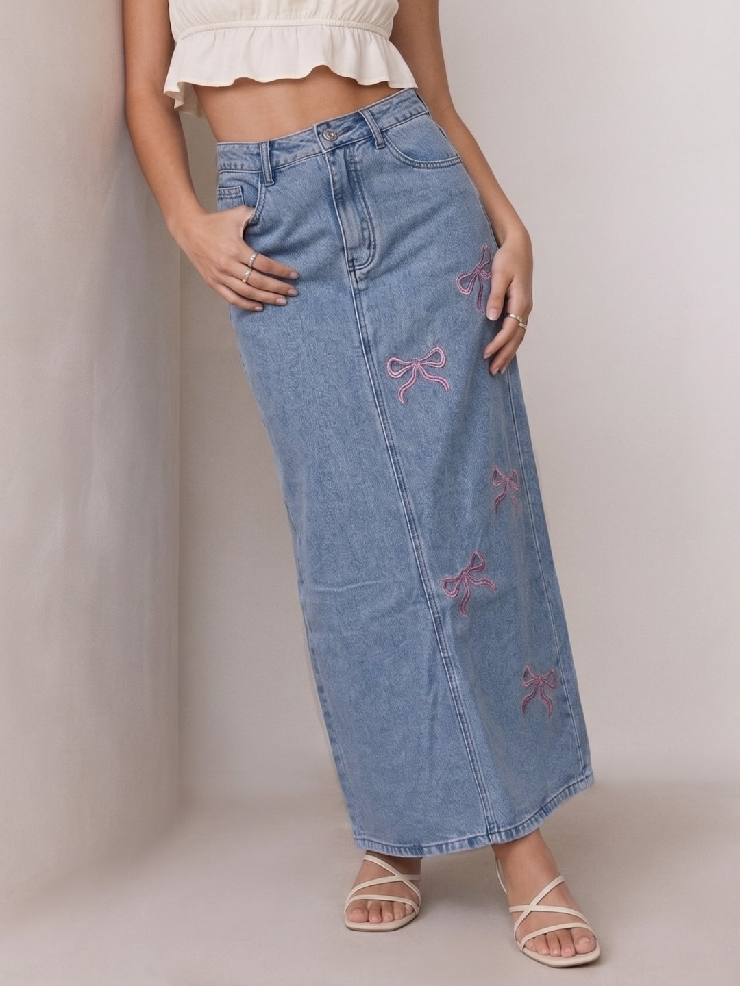 Blue Bow Embroidered Denim Skirt