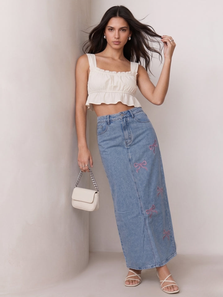 Blue Bow Embroidered Denim Skirt