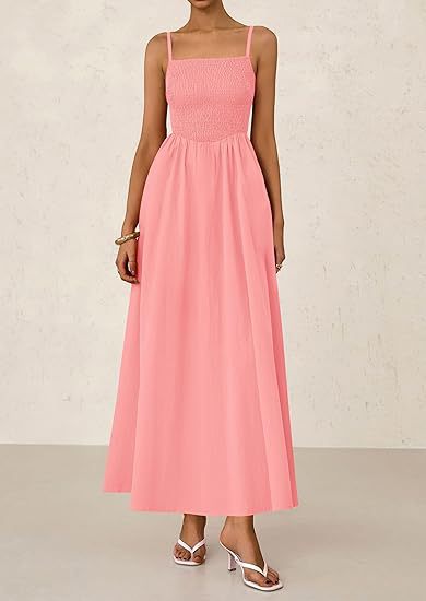 Pink Strappy Square Neck Cinched Waist Dress With Pockets