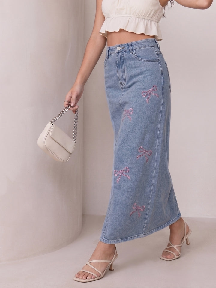 Blue Bow Embroidered Denim Skirt