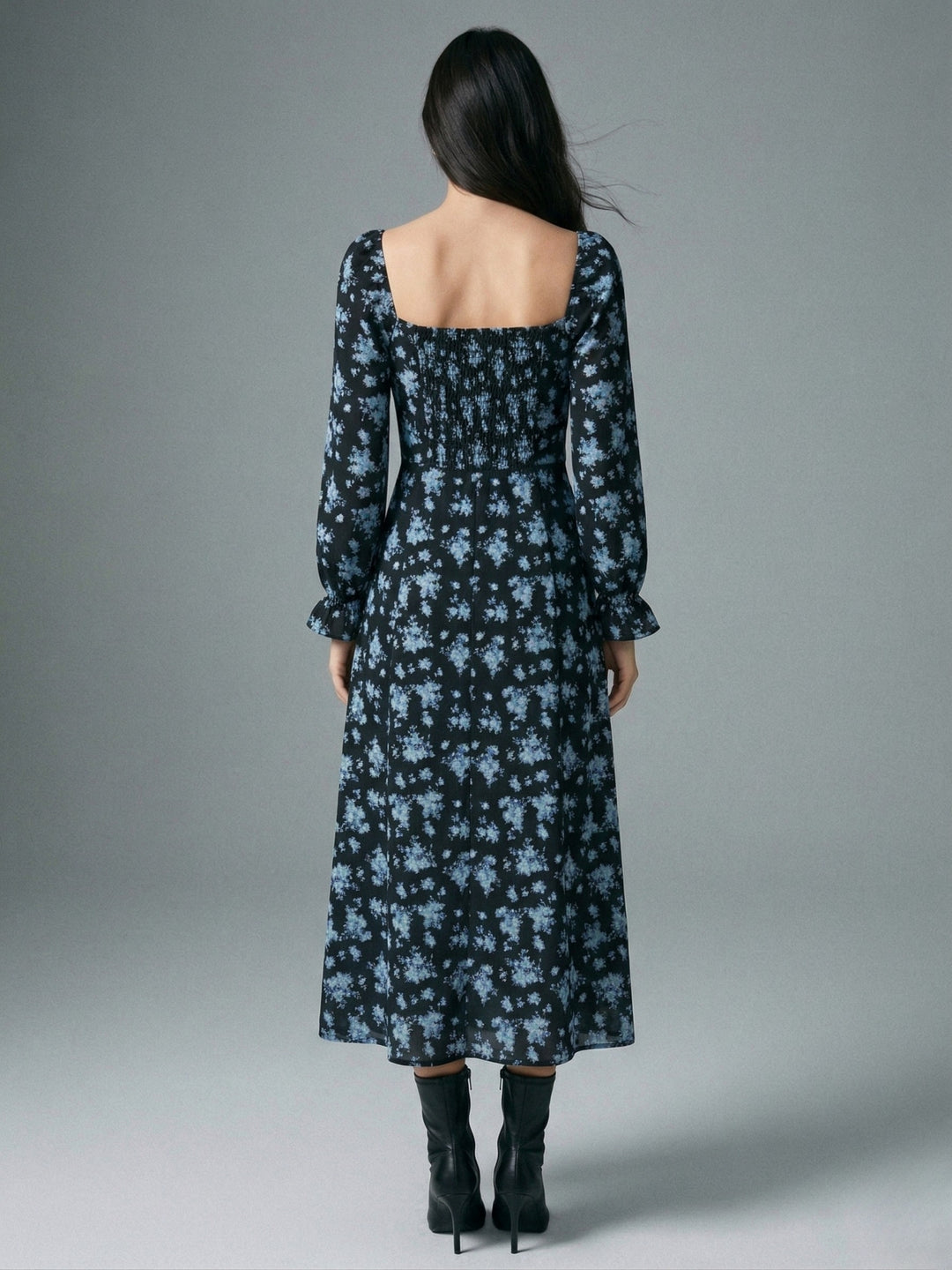 Blue Bishop Sleeve Slit Printed Dress