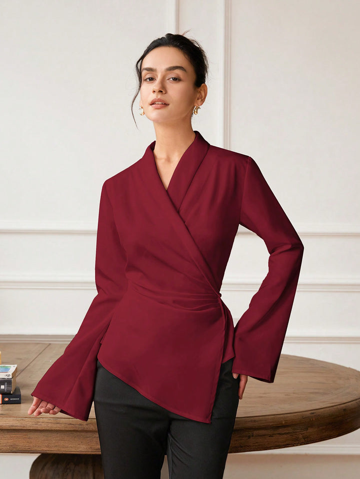 Maroon Bell Sleeve Wrapped Detail Top