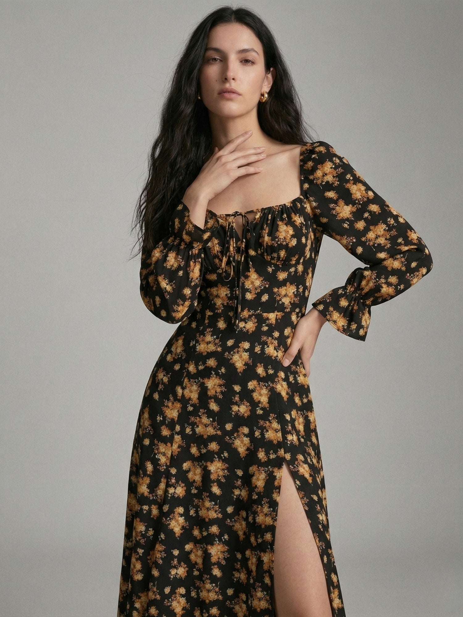 Black Bishop Sleeve Slit Printed Dress