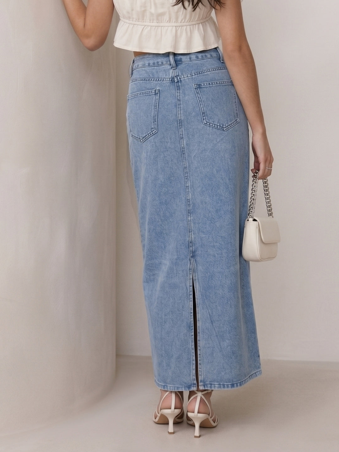 Blue Bow Embroidered Denim Skirt