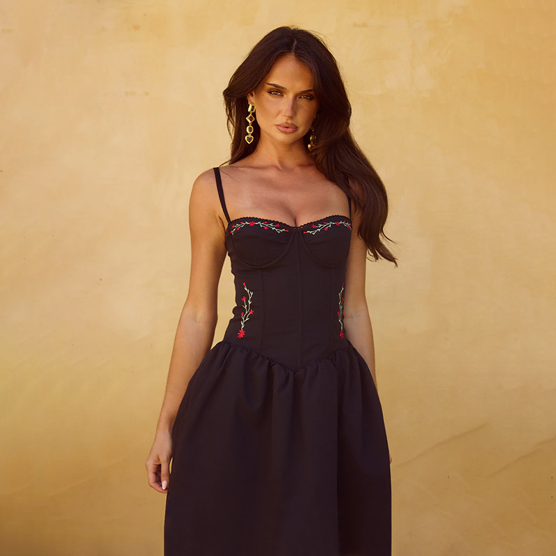 Black Strappy Corset Flared Dress