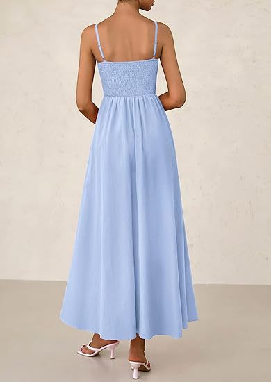 Blue Strappy Square Neck Cinched Waist Dress With Pockets