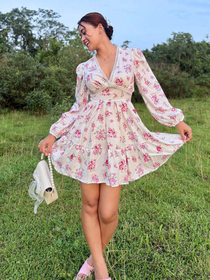 Red V Neck Lace Insert Fit And Flare Dress