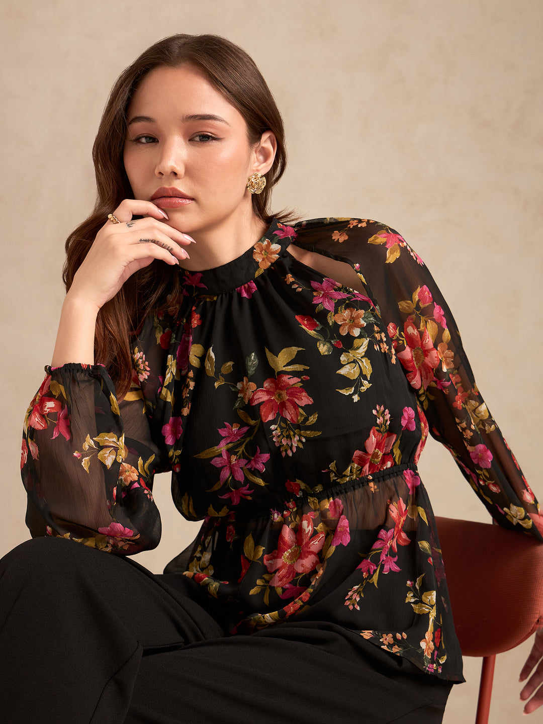 Black Floral Printed Blouse With Peplum Waist Detail