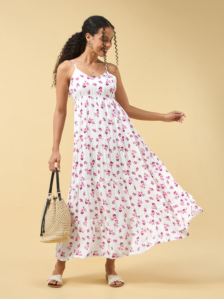 Pink A-Line Tiered Dress With Tie Up Detail At The Back