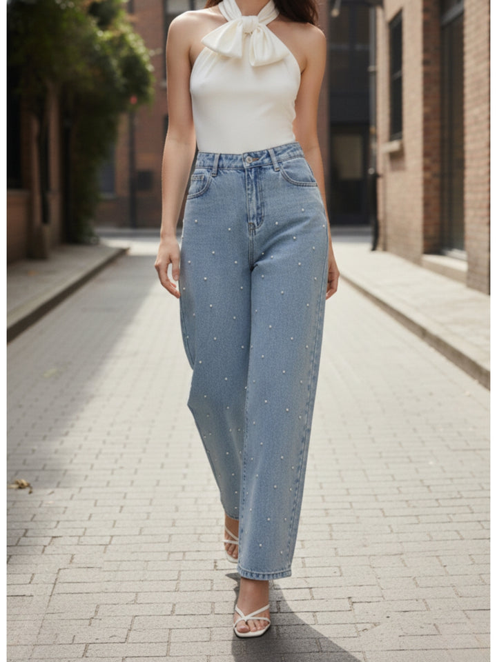 Light Blue Embellished Wide Leg  Denim Jeans