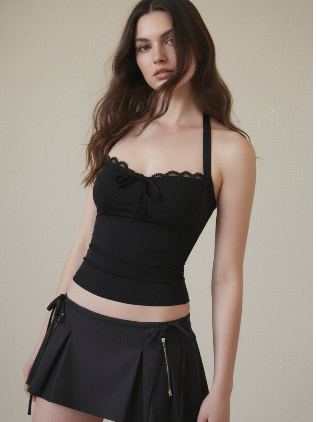 Black Halter Neck Lace Detail Top