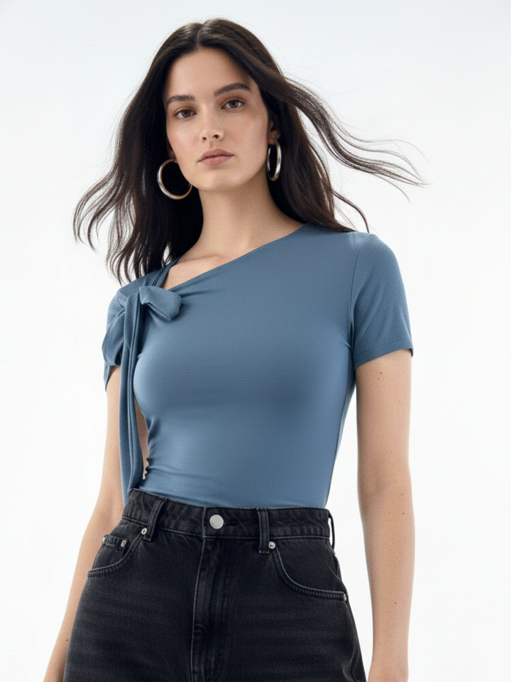 Teal Basic Fitted Top With Bow Detail