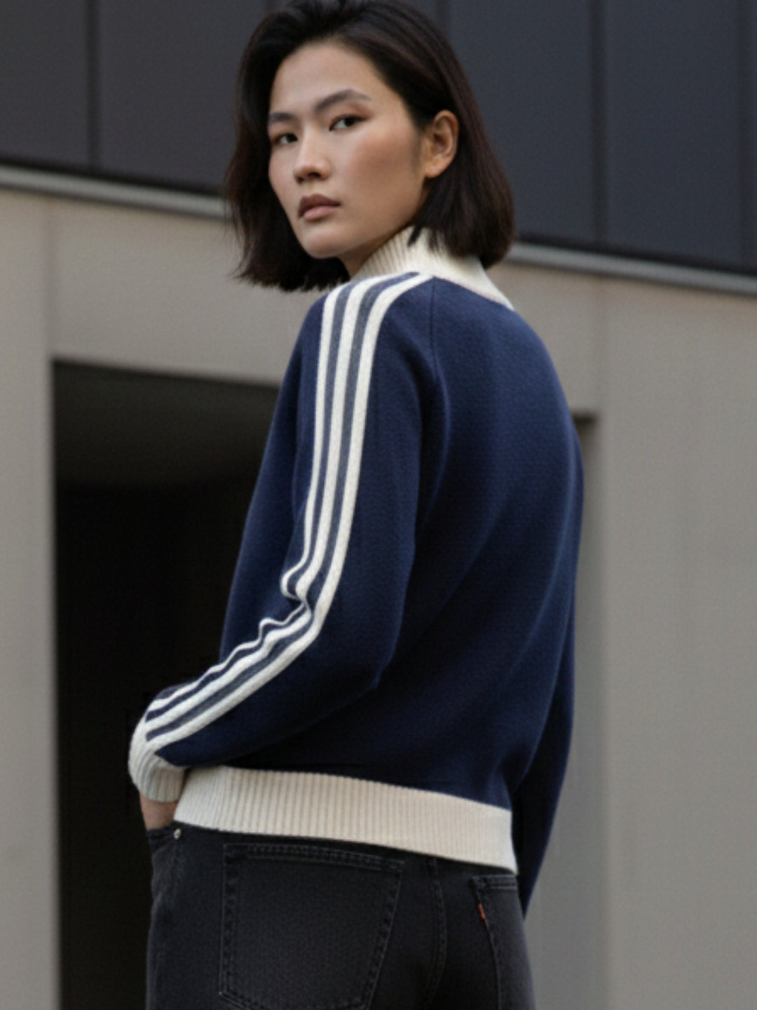 Navy Blue Full Contrast Sleeves Front Zip Jackets