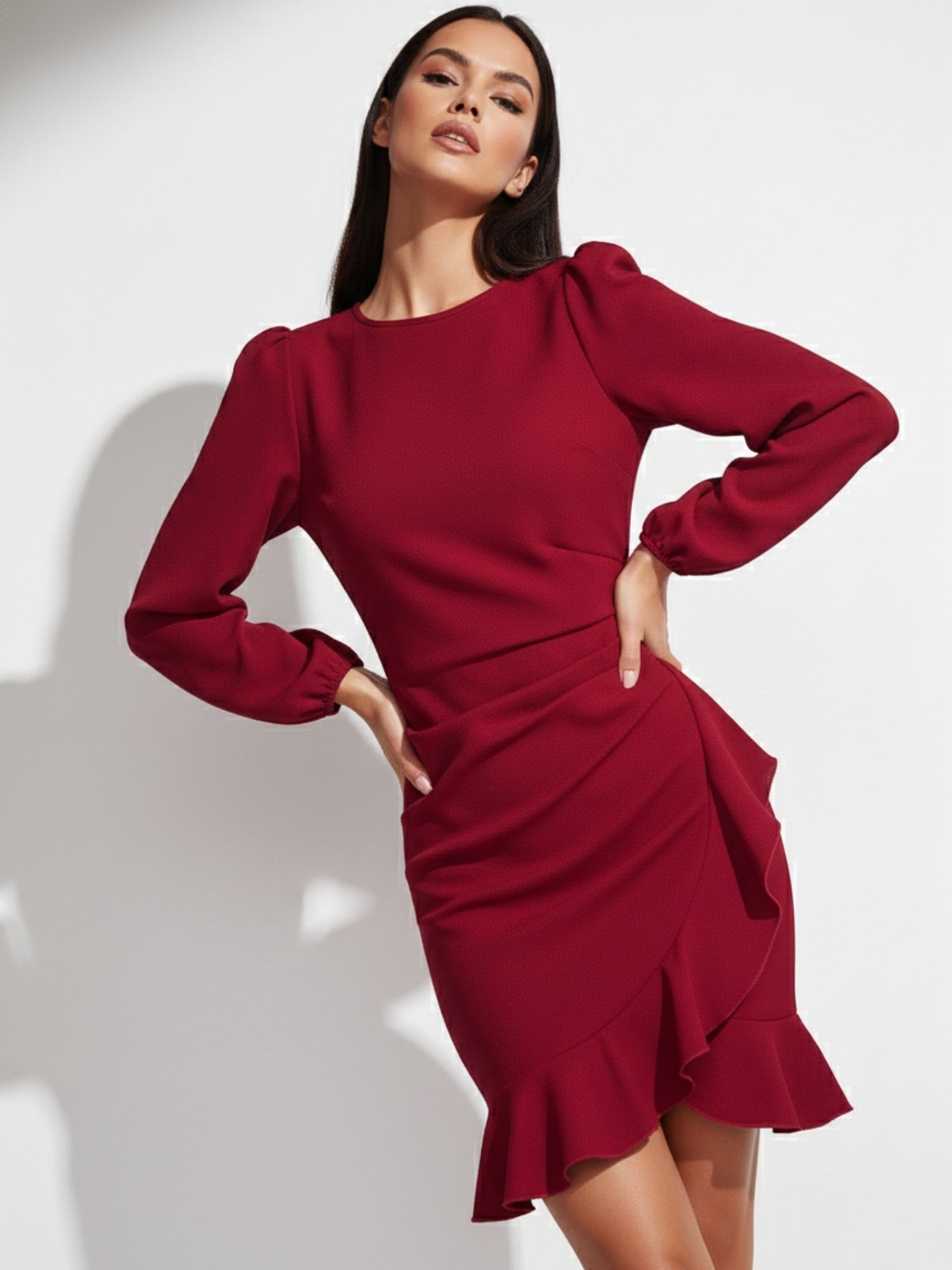 Red High Neck Balloon Sleeved Mini Dress