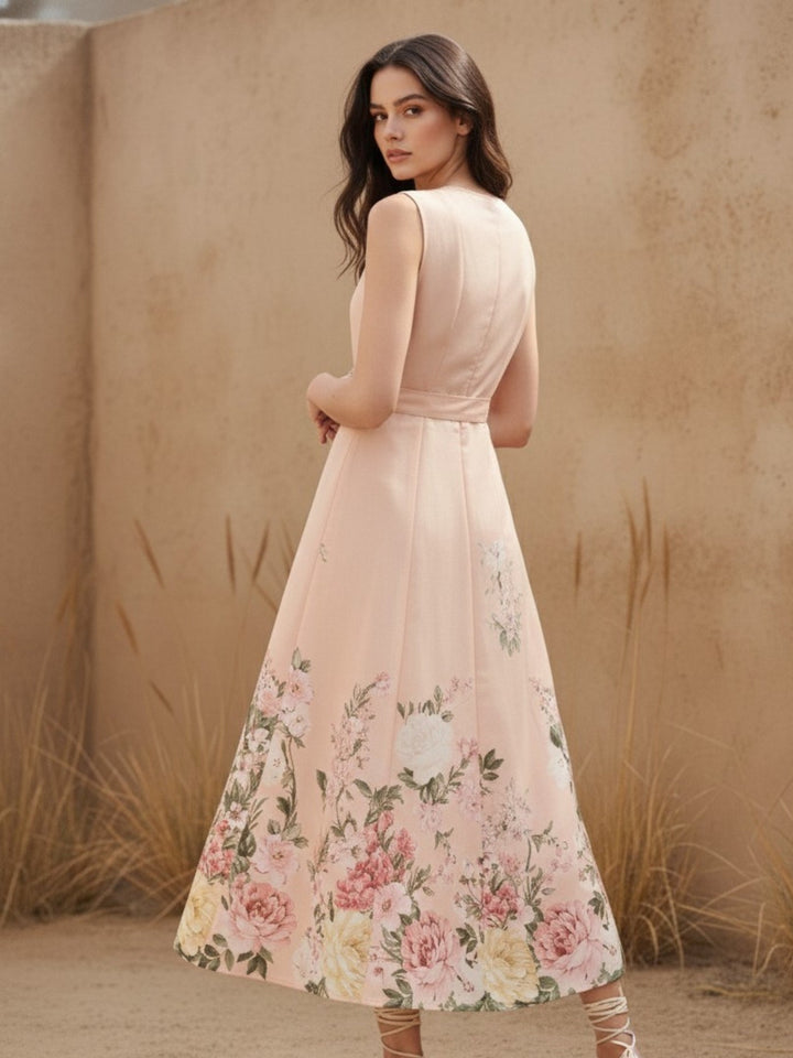 Pink Midi Printed Dress With Bow Tieup Detail