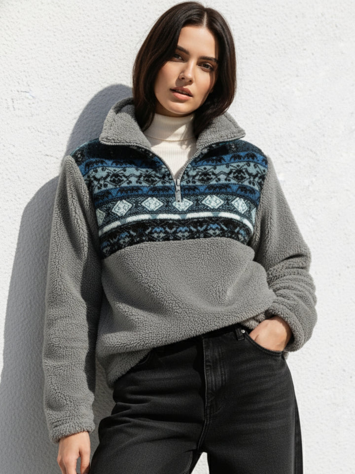 Grey Full Sleeve Printed Half Zip Sweatshirt