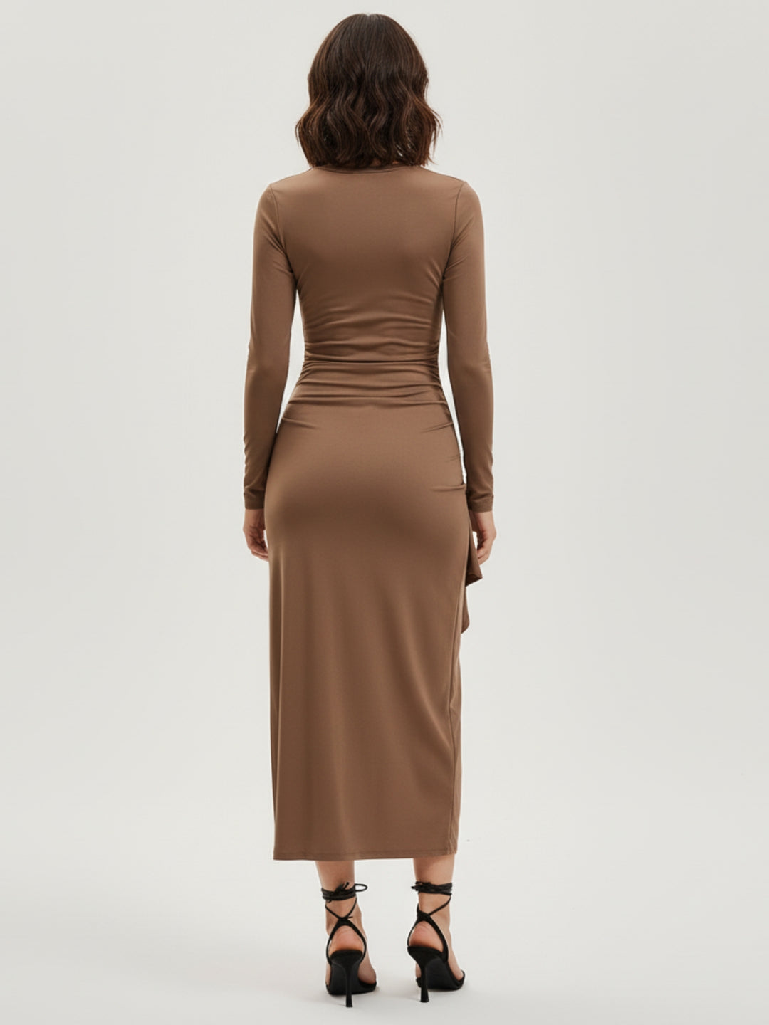 Brown Full Sleeve Round Neck Ruffle Hem Dress