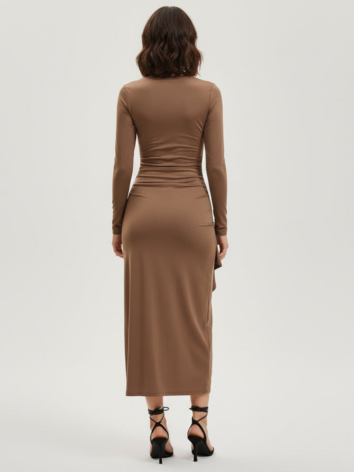 Brown Full Sleeve Round Neck Ruffle Hem Dress