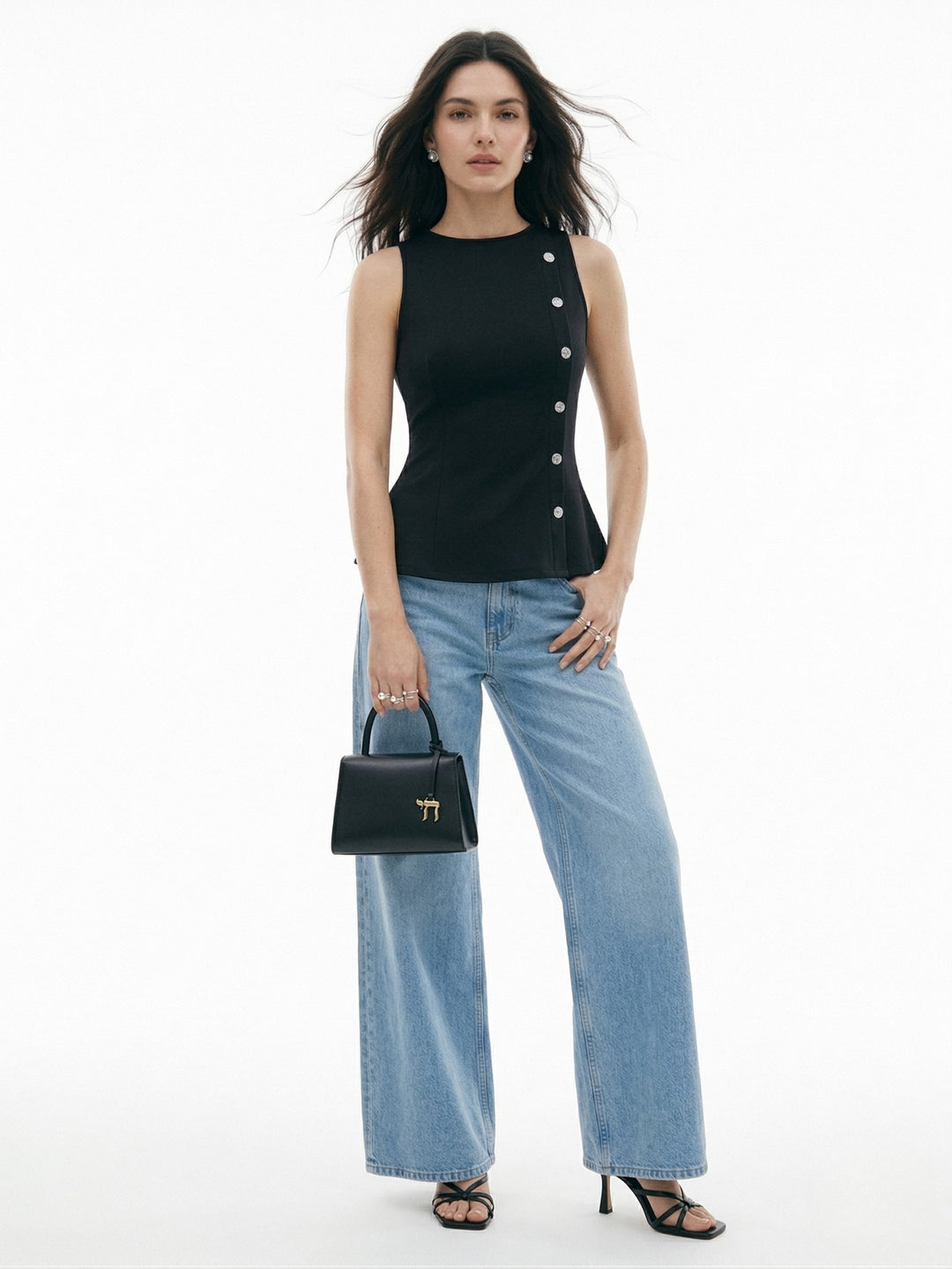 Black Peplum Top With Embellished Buttons