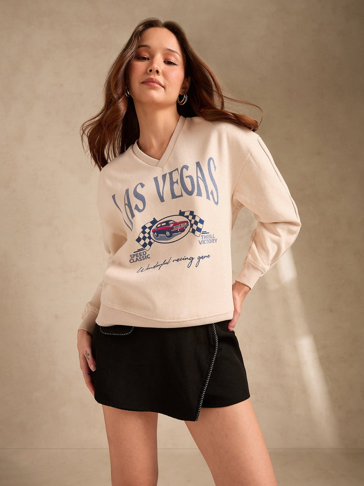 Cream Retro Racing Graphic Russian Fleece Pullover