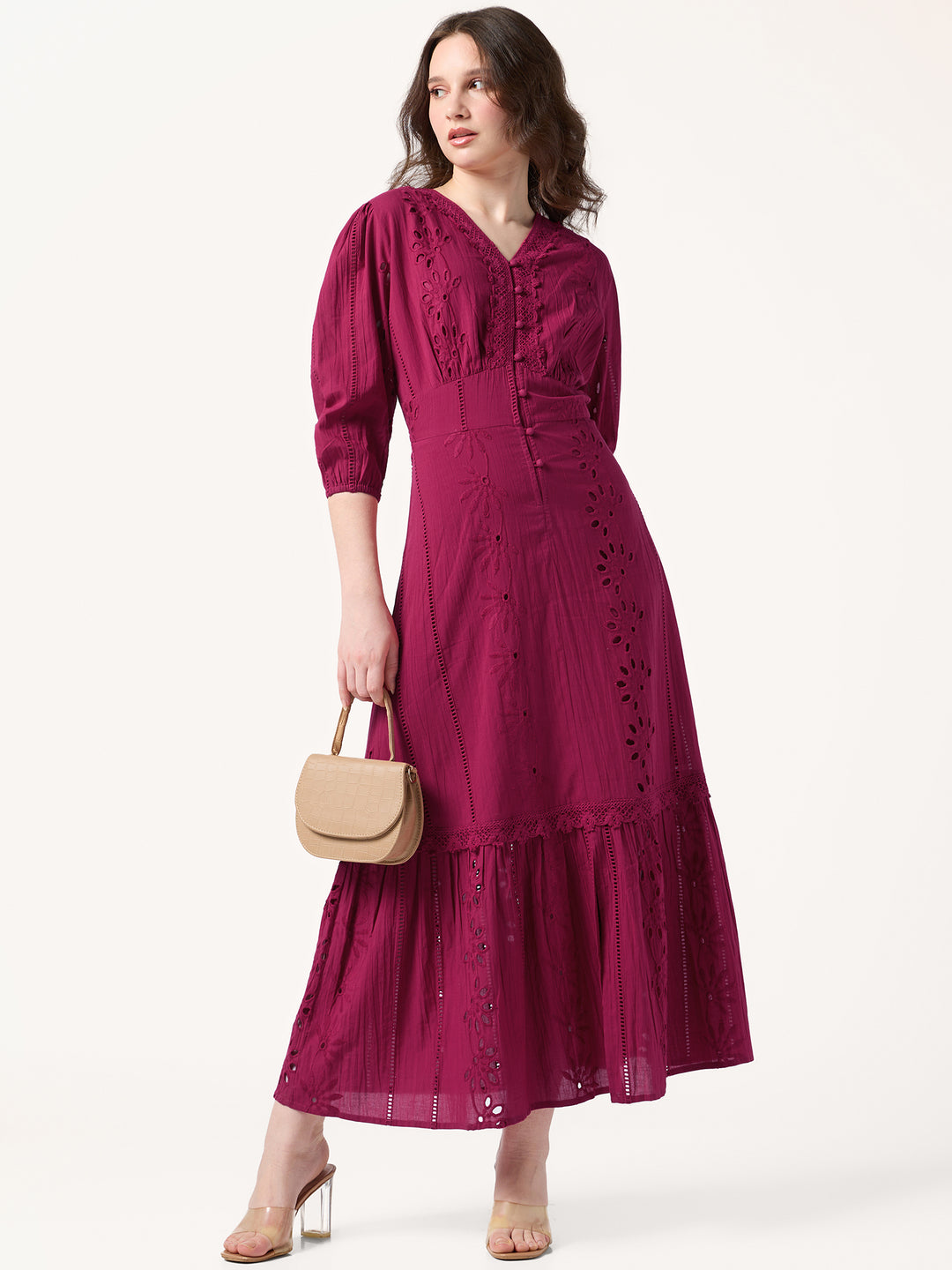 Fuchsia Pink V Neck Schiffli Dress