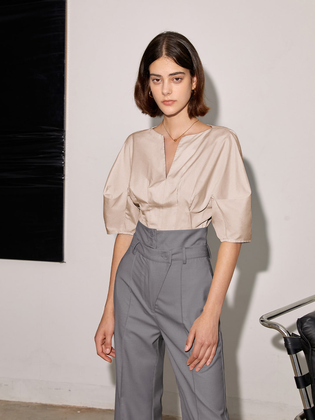 Grey High Waist Side Button Pant