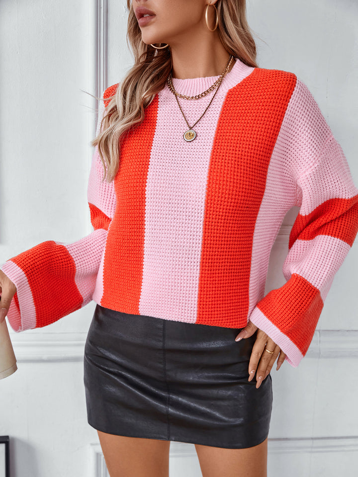 Orange Full Sleeves Colour Blocked Sweater