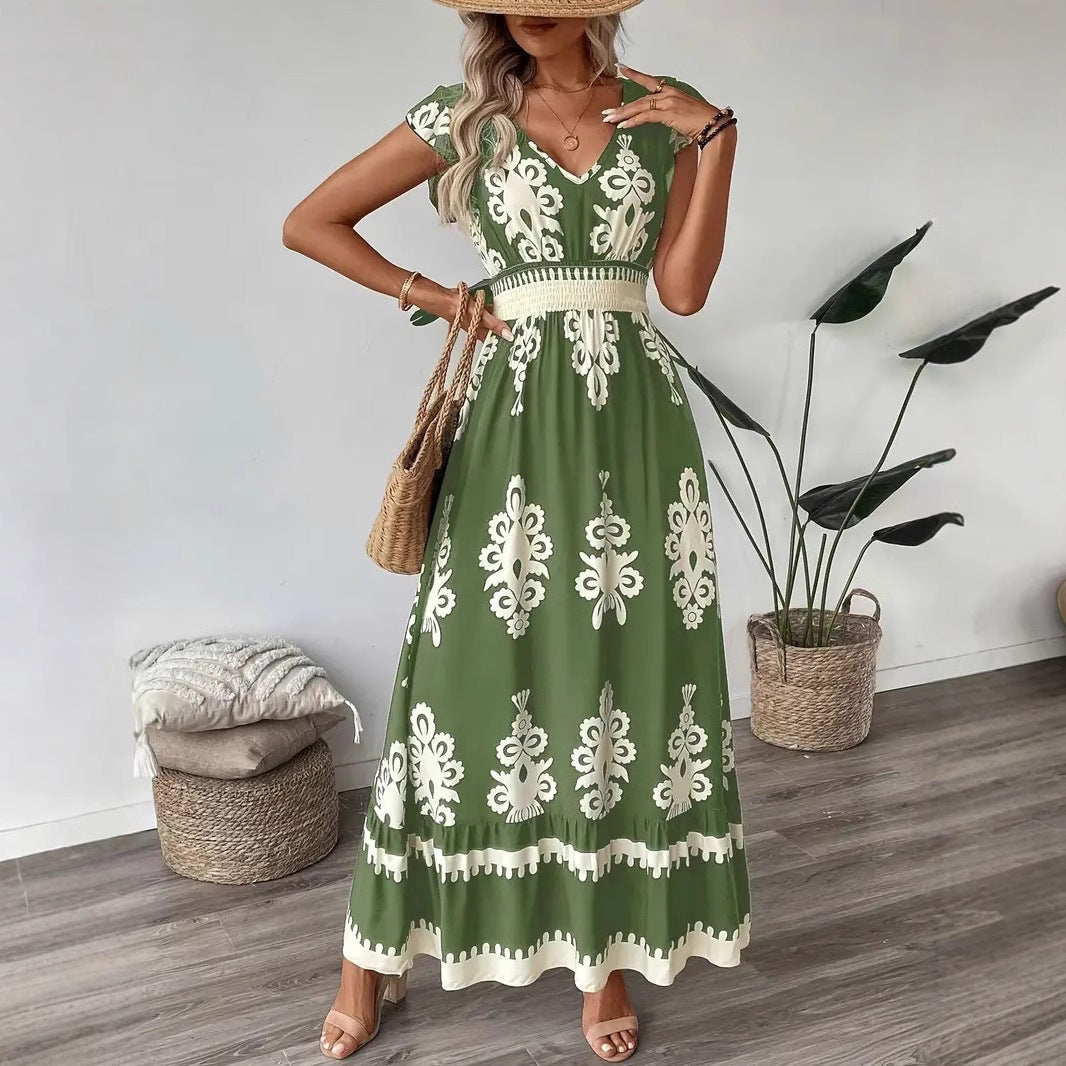 Green Short Sleeve V Neck Printed Flared Dress