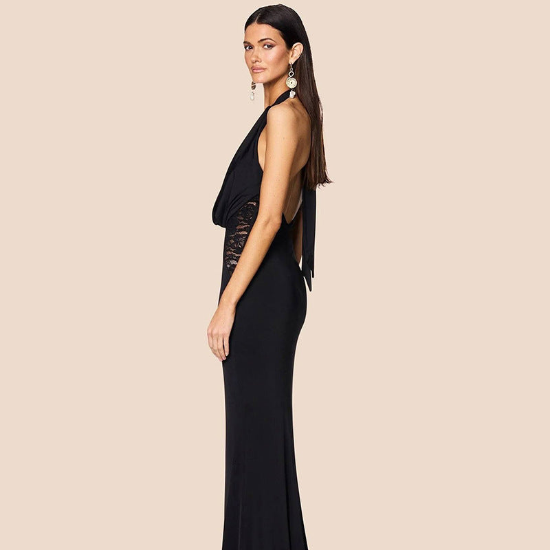 Black Halter Neck With Lace Inserts Maxi Dress