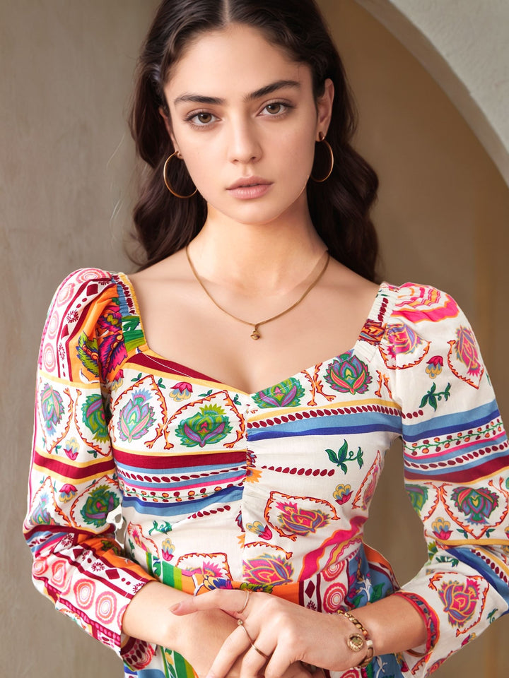 Multi Abstract Printed Sweetheart Neck Dress