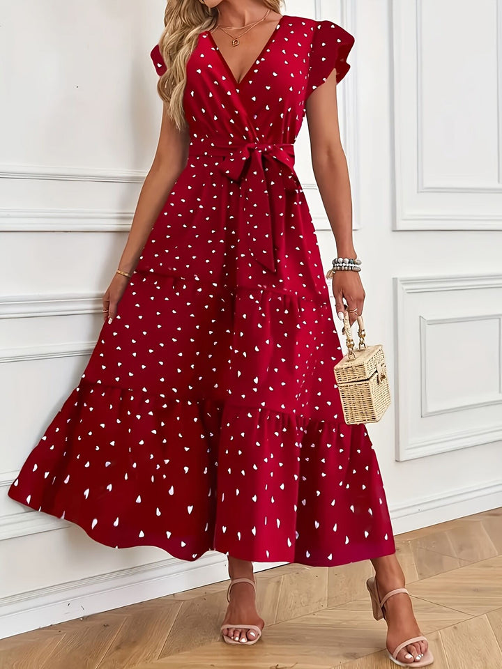 Red Wrap Tiered Flared Dress