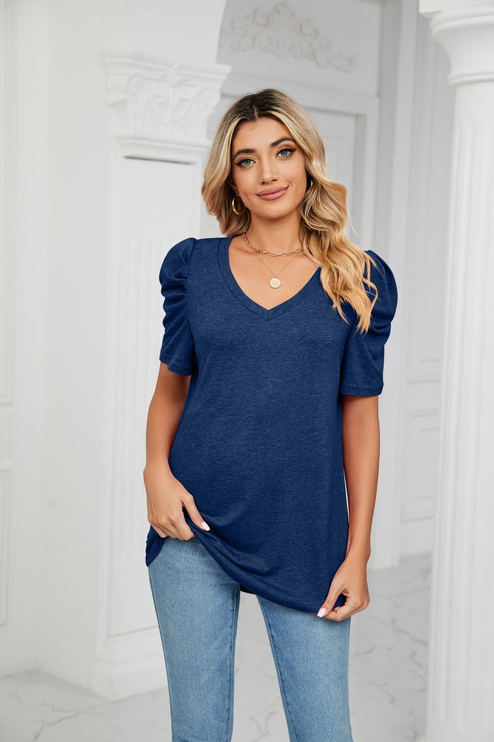 Navy Blue Puff Sleeves V Neck Top