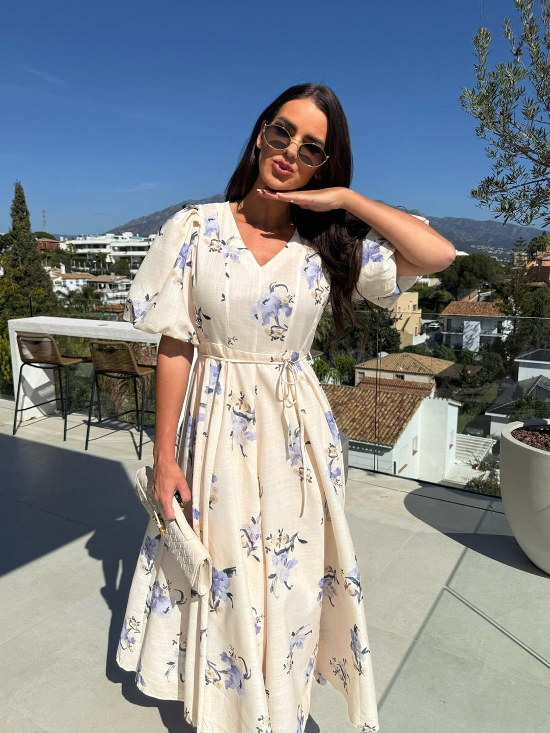 White Puff Sleeved Printed Dress