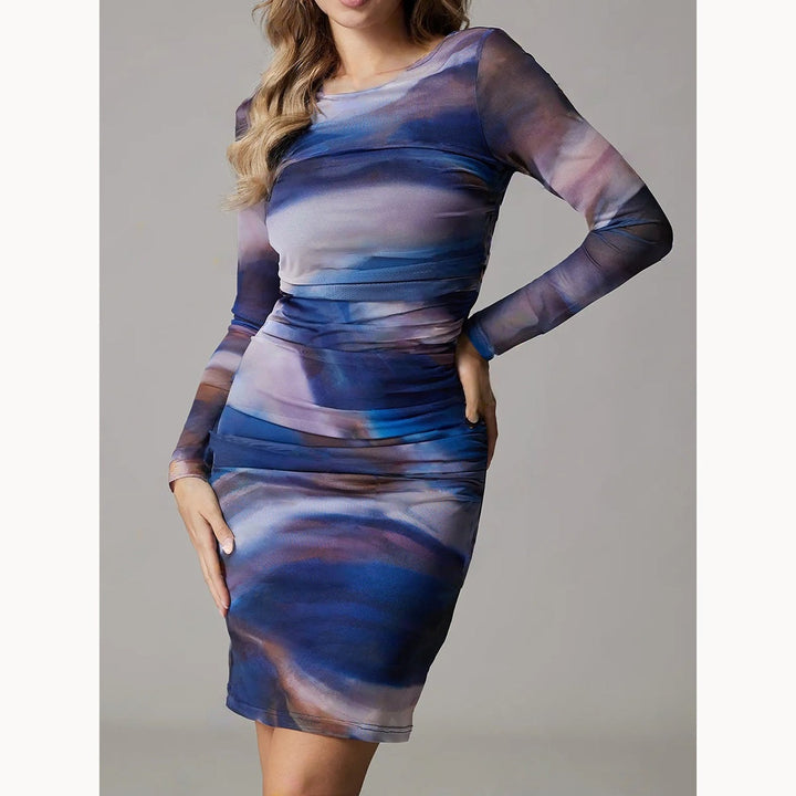 Blue Full Sleeve Abstract Print Dress