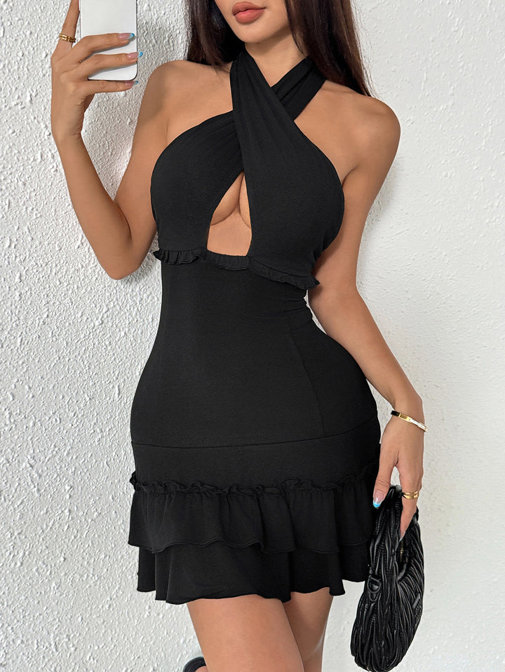 Black Cross Halter Neck Ruffle Dress