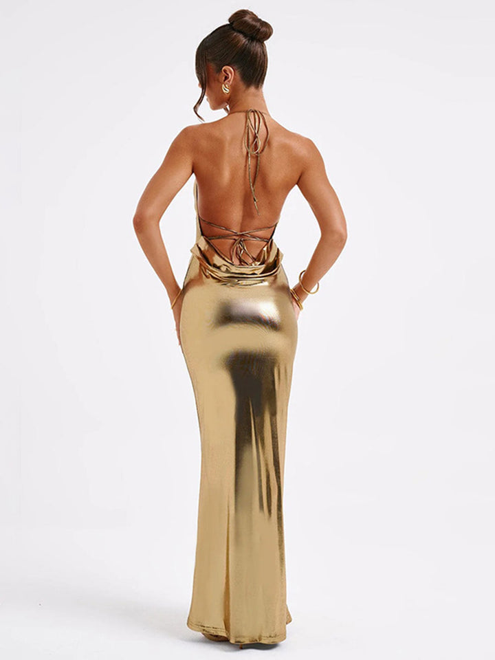 Gold Cowl Neck Low Back Slip Dress