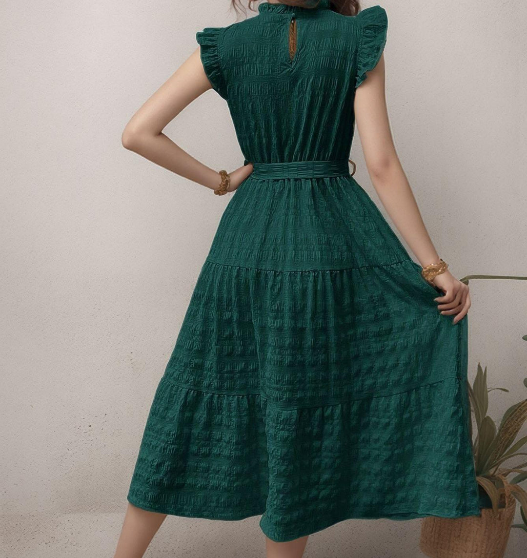 Dark Green Short Ruffle Sleeve Mock Neck Dress