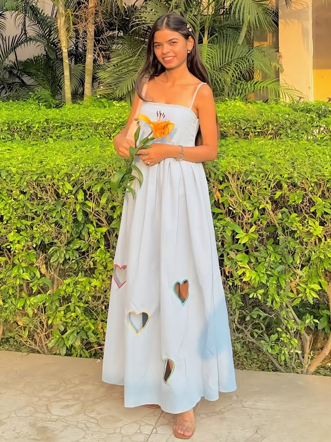 Blue Off Shoulder Heart Printed Smocking Dress