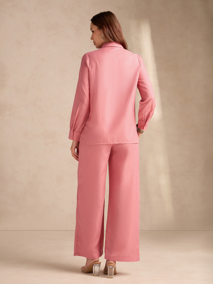 Rust Embellished Coord Set With Oversized Shirt And Wide Leg Trouser