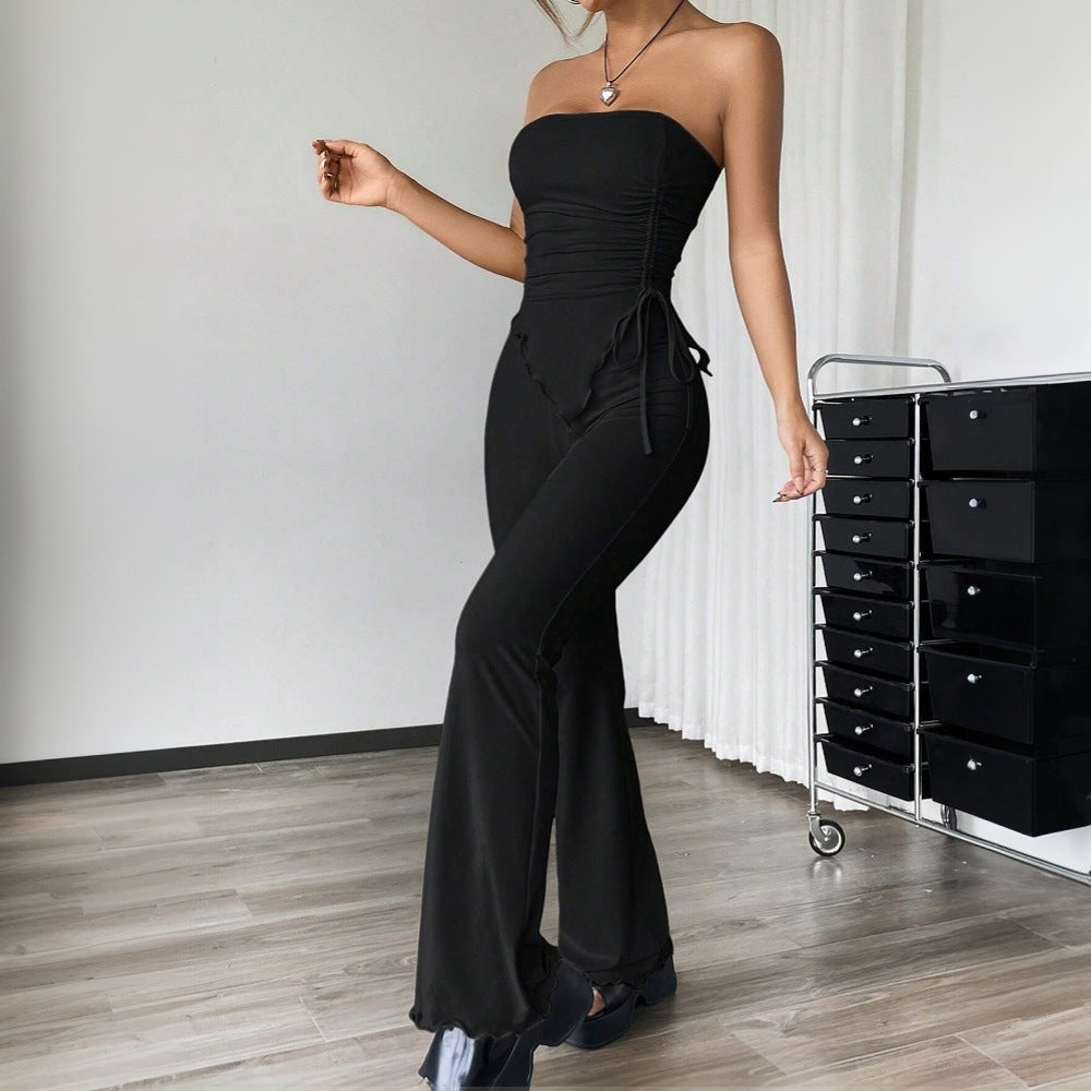 Black Strapless Side Ruched Asymmetrical Hem Co-Ords Set