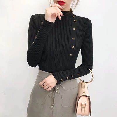 Black Full Sleeve Button Trim Fitted Sweaters
