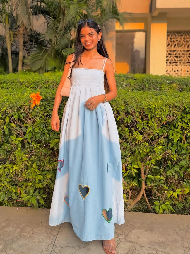 Blue Off Shoulder Heart Printed Smocking Dress