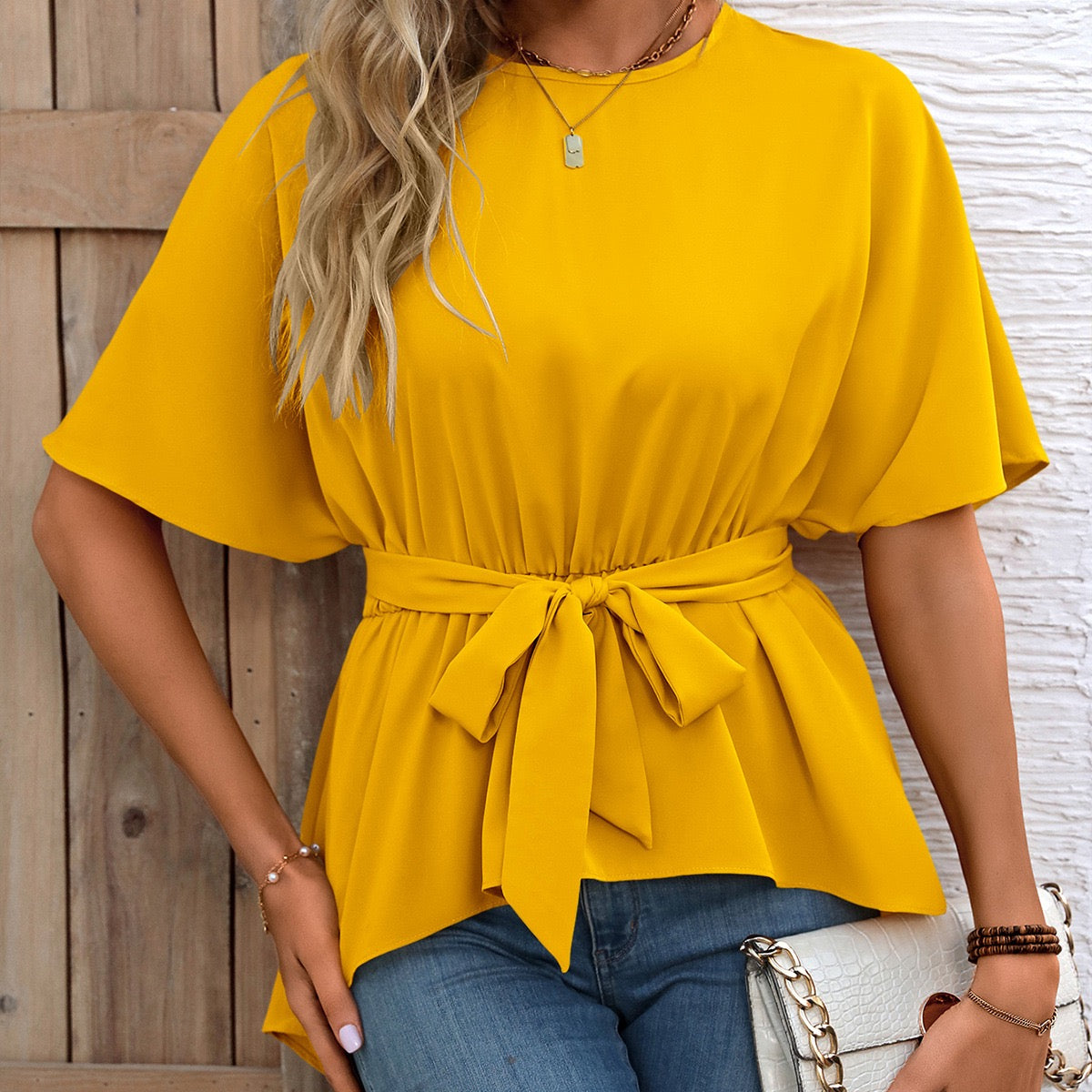 Yellow Waist Cinched Asymmetrical Hem Top