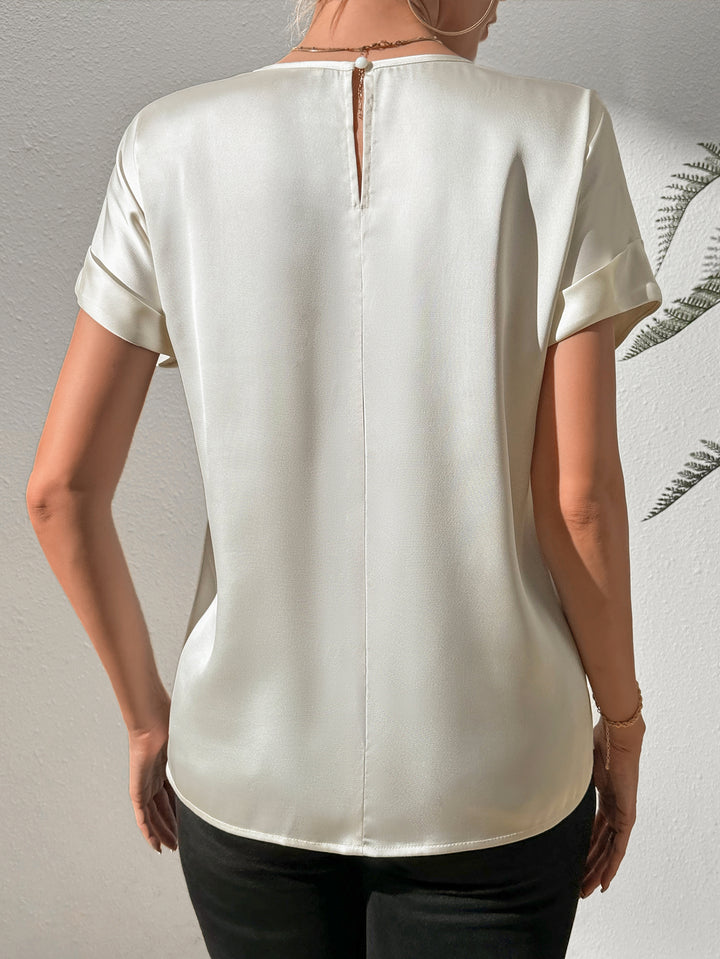 Off White Folded Hem Crew Neck Top